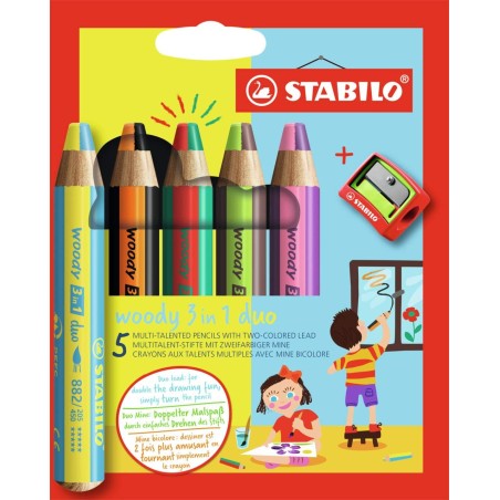 ✅ Stabilo Woddy Duo 3 en 1 Lot de 5 Crayons de Couleur + Taille-Taille - Mine 2 Couleurs XXL 10 mm - Crayon de C en stock