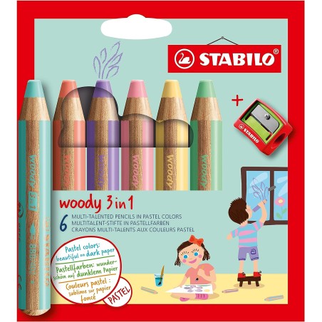 ✅ Lot de 6 crayons Stabilo Woody Pastel 3-en-1 + Taille-Crayon couleur Surtido en stock