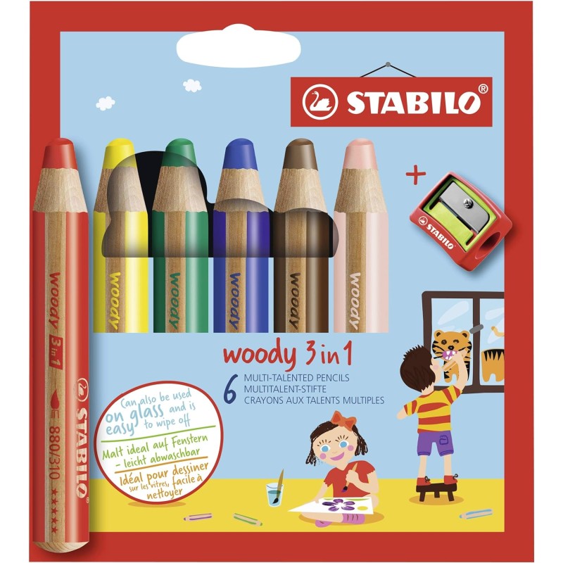 Lot de 6 crayons de couleur Woody 3-en-1 + Taille-Crayon