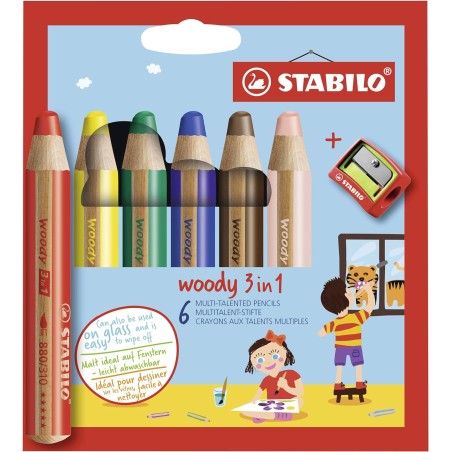 ✅ Lot de 6 crayons de couleur Woody 3-en-1 + Taille-Crayon couleur Surtido en stock