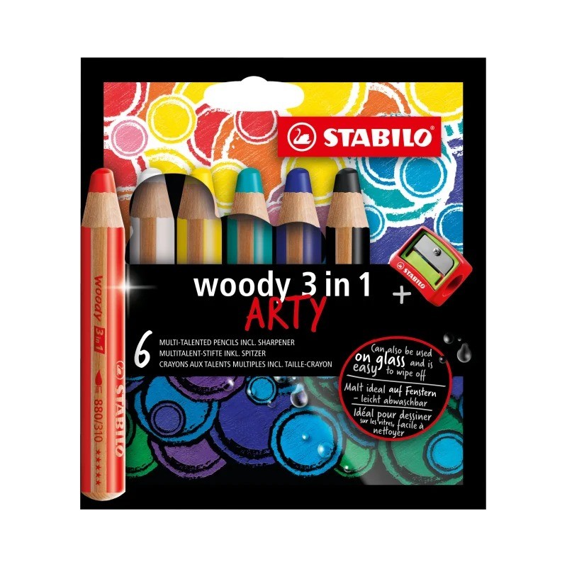 Lot de 6 crayons de couleur Woody 3-en-1 + Taille-Crayon