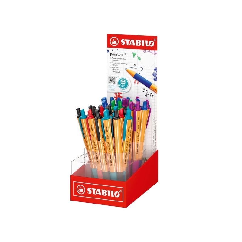 Présentoir Stabilo Pointball avec 38 stylos rétractables - Pointe 1 mm - Encre à base d'huile - Rechargeable - 87 % de plastique