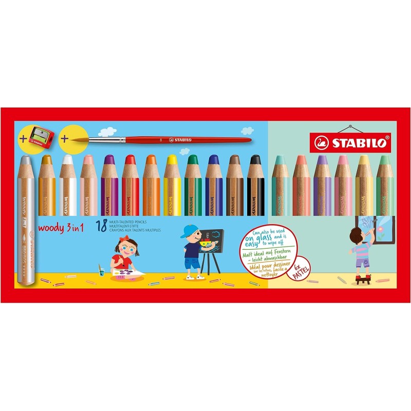 Stabilo Woddy Lot de 18 crayons de couleur 3 en 1 comprenant pastel + taille-crayon + pinceau n°8 - crayon de couleur, cire et