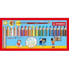 ✅ Stabilo Woddy 3 en 1 Lot de 18 Crayons de Couleur + Taille-Taille + Pinceau N°8 - Crayon de Couleur, Cire et en stock