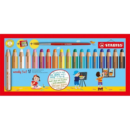 ✅ Stabilo Woddy 3 en 1 Lot de 18 Crayons de Couleur + Taille-Taille + Pinceau N°8 - Crayon de Couleur, Cire et en stock
