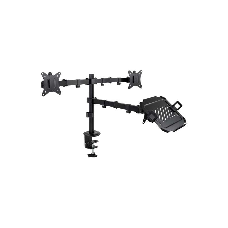 Support de table Tooq pour 2 moniteurs 17"-32" + plateau pour ordinateur portable - Gestion des câbles - Poids maximum 9 kg x br