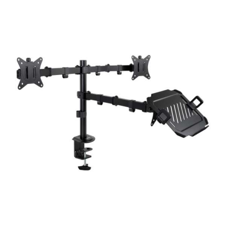 Support de table Tooq pour 2 moniteurs 17"-32" + plateau pour ordinateur portable - Gestion des câbles - Poids maximum 9 kg x br