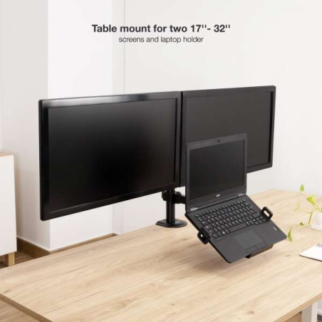 Support de table Tooq pour 2 moniteurs 17"-32" + plateau pour ordinateur portable - Gestion des câbles - Poids maximum 9 kg x br