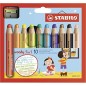 Stabilo Woddy Lot de 10 Crayons de Couleur 3 en 1 + Taille-Crayon - Crayon de Couleur, Cire et Aquarelle, Tout en Un - Mine XXL