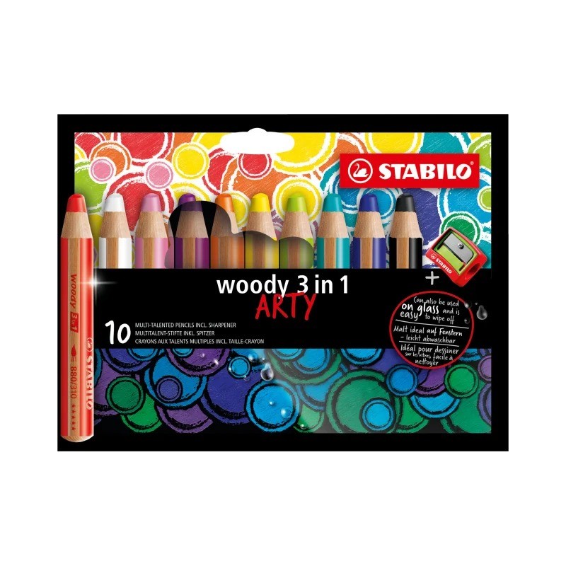 Lot de 10 crayons de couleur Woody 3-en-1 + Taille-Crayon
