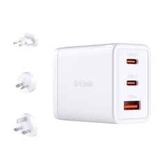 Chargeur mural D-Link 65 W GaN - 2 ports USB-C et 1 port USB-A - Connecteurs interchangeables - Blanc