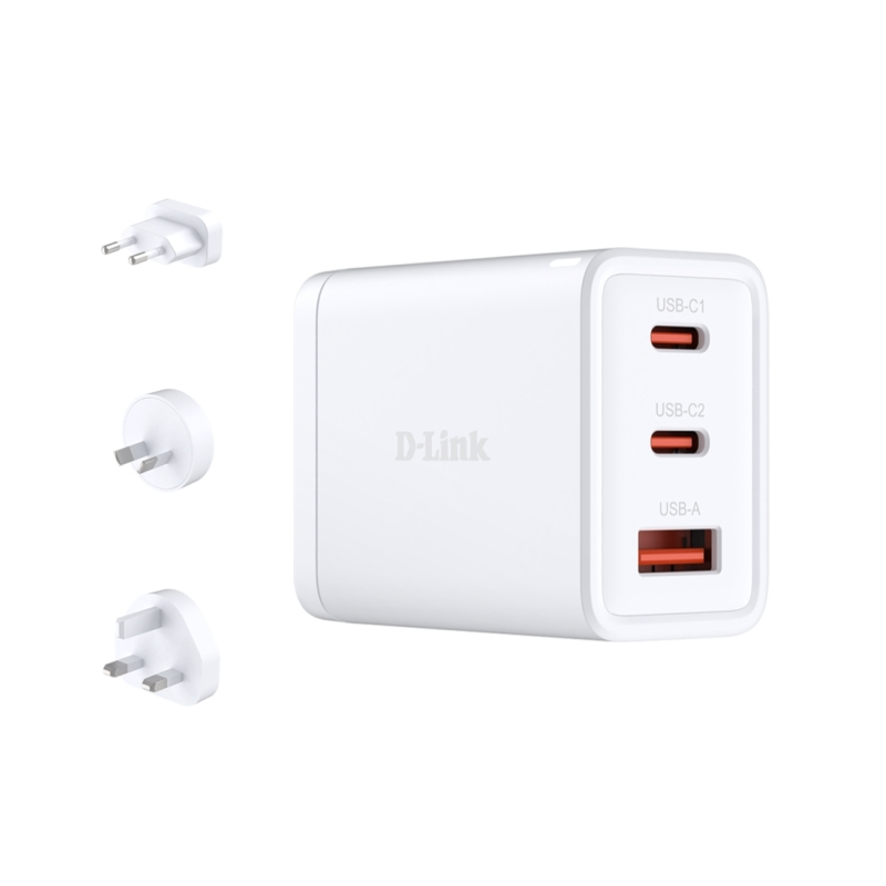 Chargeur mural D-Link 65 W GaN - 2 ports USB-C et 1 port USB-A - Connecteurs interchangeables - Blanc