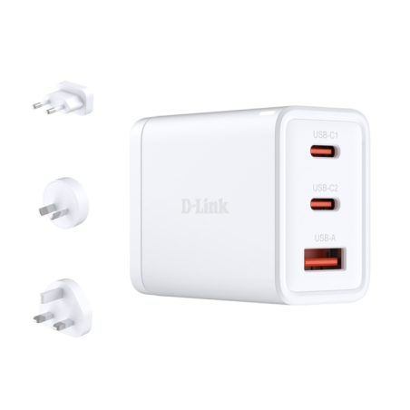 Chargeur mural D-Link 65 W GaN - 2 ports USB-C et 1 port USB-A - Connecteurs interchangeables - Blanc