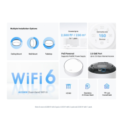 TP-Link Deco X50-PoE Sistema WiFi Mesh - Doble Banda - Velocidad hasta 3Gbps - Incluye Kit de Montaje - WiFi 6 - Ethernet 2.5Gbp
