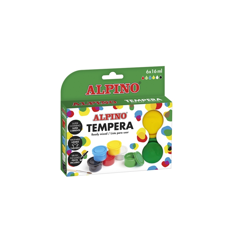 Coffret Alpino de 6 pots de peinture tempera 16 ml + pinceau - Très couvrante et lavable - Couleurs assorties