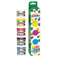 Coffret Alpino de 5 pots de peinture tempera 40 ml + pinceau - Très couvrante et lavable - Couleurs assorties