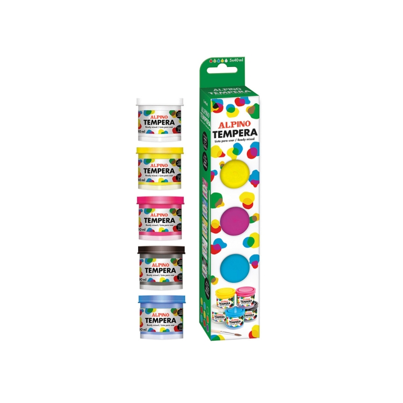 Coffret Alpino de 5 pots de peinture tempera 40 ml + pinceau - Très couvrante et lavable - Couleurs assorties