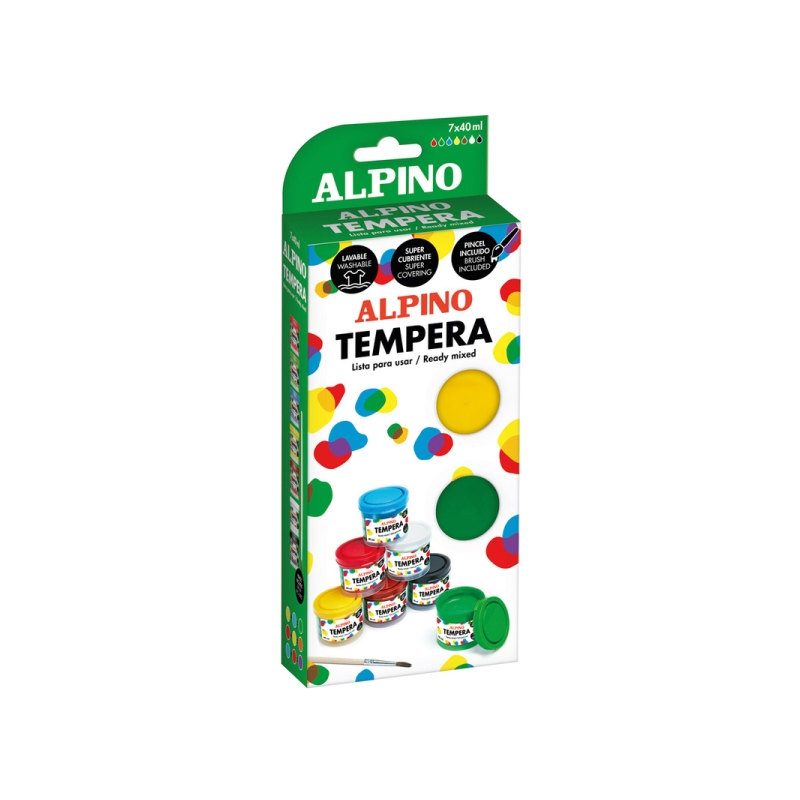 Coffret Alpino de 7 pots de peinture tempera 40 ml + pinceau - Très couvrante et lavable - Couleurs assorties