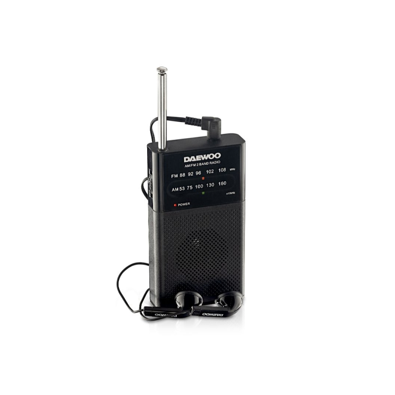 Radio AM/FM Daewoo - Fonctionne sur piles - Prise jack 3,5 mm - Antenne télescopique - Haut-parleur intégré - 130 x 70 x 28 mm -