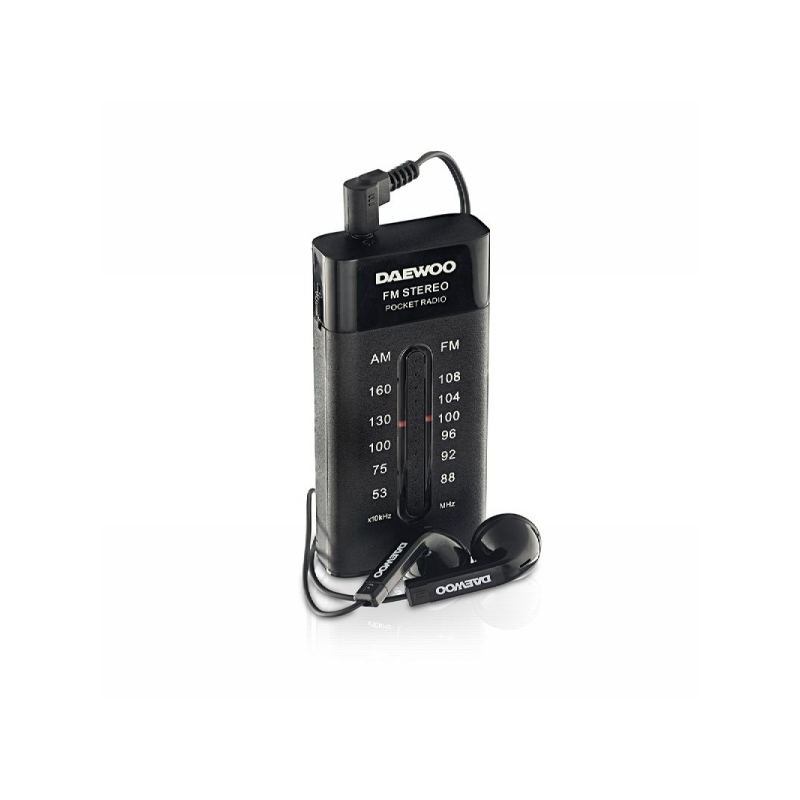 Radio AM/FM Daewoo - Fonctionne sur piles - Prise jack 3,5 mm - Réglage manuel - Écouteurs inclus - 95 x 70 x 30 mm - Noir
