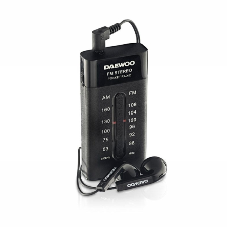 Radio AM/FM Daewoo - Fonctionne sur piles - Prise jack 3,5 mm - Réglage manuel - Écouteurs inclus - 95 x 70 x 30 mm - Noir