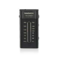 Radio AM/FM Daewoo - Fonctionne sur piles - Prise jack 3,5 mm - Réglage manuel - Écouteurs inclus - 95 x 70 x 30 mm - Noir