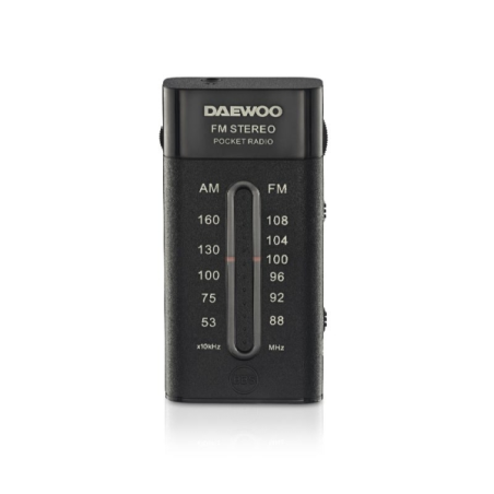 Radio AM/FM Daewoo - Fonctionne sur piles - Prise jack 3,5 mm - Réglage manuel - Écouteurs inclus - 95 x 70 x 30 mm - Noir