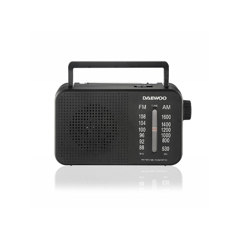Radio AM/FM Daewoo - Prise jack 3,5 mm - Antenne télescopique - Haut-parleur intégré - Poignée de transport - 22 x 7,5 x 15 cm -