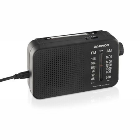 Radio AM/FM Daewoo - Prise jack 3,5 mm - Antenne télescopique - Haut-parleur intégré - Poignée de transport - 22 x 7,5 x 15 cm -