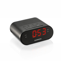 Radio-réveil Daewoo AM/FM - Câble de 1,5 m - Affichage LED - Prise jack 3,5 mm - 131 x 120 x 58 mm - Noir