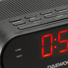 Radio-réveil Daewoo AM/FM - Câble de 1,5 m - Affichage LED - Prise jack 3,5 mm - 131 x 120 x 58 mm - Noir