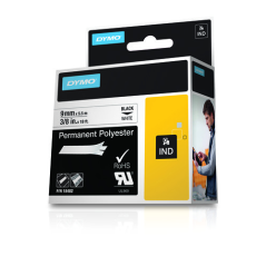 Ruban d'étiquettes d'origine Dymo Rhino ID1-9 pour étiqueteuse - Texte noir sur fond blanc - Largeur 9 mm x 5,5 mètres - 18482