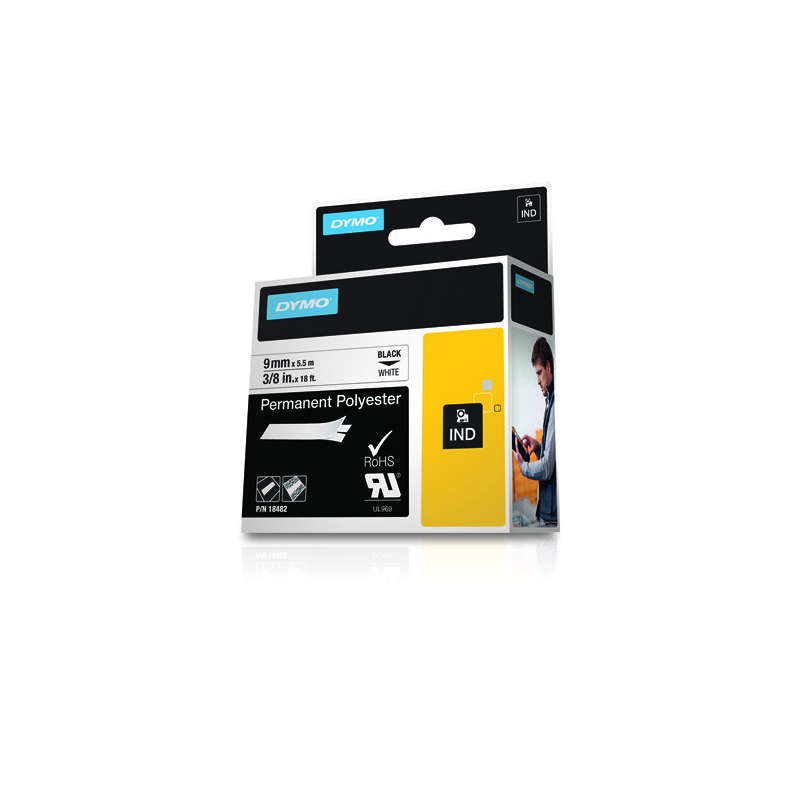 Ruban d'étiquettes d'origine Dymo Rhino ID1-9 pour étiqueteuse - Texte noir sur fond blanc - Largeur 9 mm x 5,5 mètres - 18482