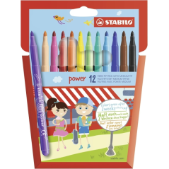 Pack Stabilo Power avec 12 feutres de couleur - Pointe moyenne 2 mm - Encre lavable - Capuchon ventilé - Couleurs assorties