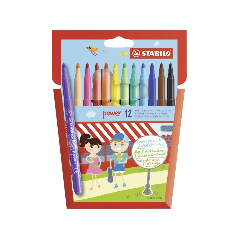 Pack Stabilo Power avec 12 feutres de couleur - Pointe moyenne 2 mm - Encre lavable - Capuchon ventilé - Couleurs assorties