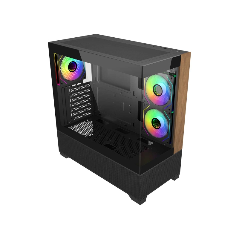 Boîtier moyen tour Cooler Master Elite 690 Wood ATX/MicroATX/Mini-ITX - 3 ventilateurs RGB 120 mm - Vue panoramique - Double com