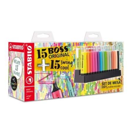 Coffret de bureau Stabilo avec 15 marqueurs Stabilo Boss et 15 marqueurs Swing Cool - Encre à base d'eau - Couleurs assorties