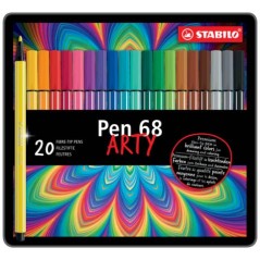 ✅ Stabilo Pen 68 Arty Metal Boite de 20 Feutres - Pointe Fibre - Course 1mm environ. - Encre à base d'eau - Cap en stock
