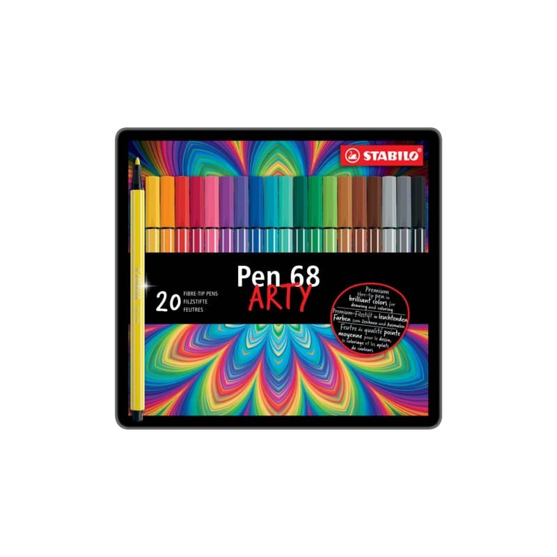 Stabilo Pen 68 Arty Metal Boite de 20 Feutres - Pointe Fibre - Course 1mm environ. - Encre à base d'eau - Capuchon ventilé