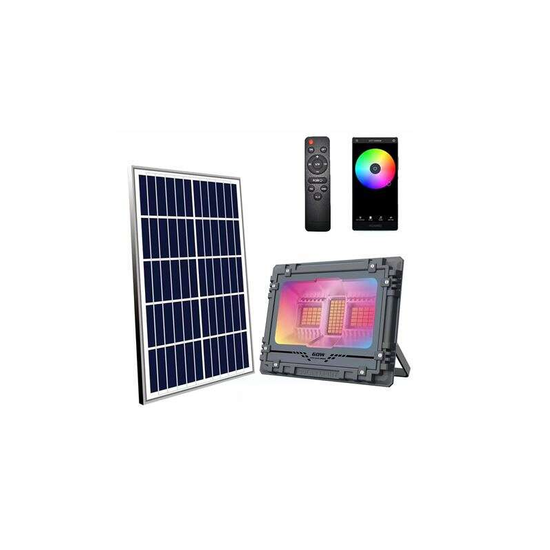 Projecteur Led Solaire Elbat RGB 60W - 515LM - Bluetooth - Batterie 5V/6AH - Télécommande - IP67