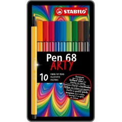 ✅ Stabilo Pen 68 Arty Metal Boite de 10 Feutres - Pointe Fibre - Course 1mm environ. - Encre à base d'eau - Cap en stock