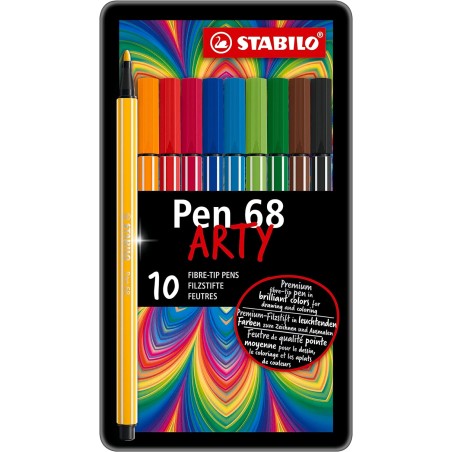 ✅ Stabilo Pen 68 Arty Metal Boite de 10 Feutres - Pointe Fibre - Course 1mm environ. - Encre à base d'eau - Cap en stock