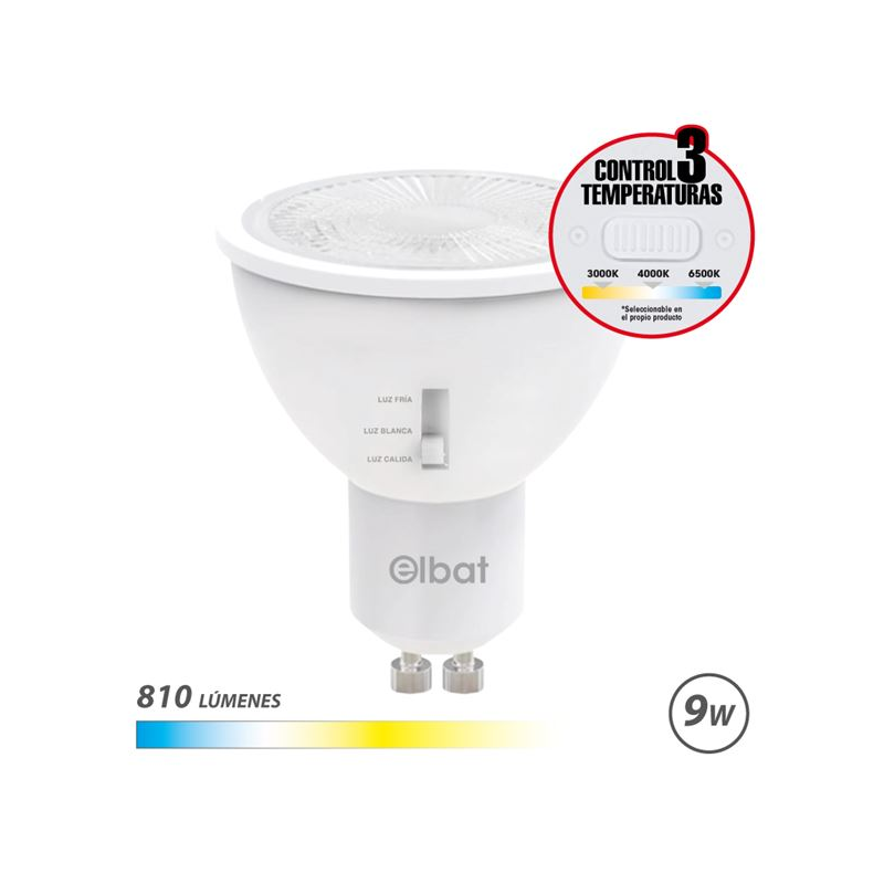 Ampoule LED Elbat GU10 - 9 W - 810 lm - Sélecteur de lumière - Blanc chaud 3000 K, Blanc froid 4000 K et Blanc froid 6500 K