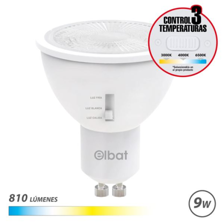 Ampoule LED Elbat GU10 - 9 W - 810 lm - Sélecteur de lumière - Blanc chaud 3000 K, Blanc froid 4000 K et Blanc froid 6500 K
