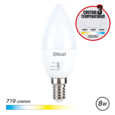 Ampoule LED Elbat C37 - 8 W - 710 lm - Culot E14 - Sélecteur de lumière - Blanc chaud 3000 K, Blanc froid 4000 K et Blanc froid