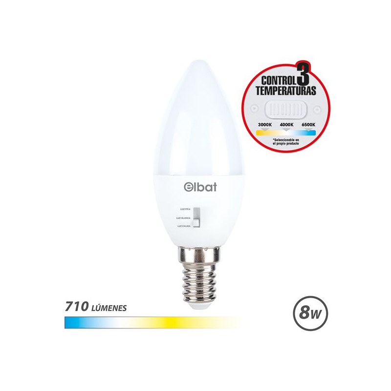 Ampoule LED Elbat C37 - 8 W - 710 lm - Culot E14 - Sélecteur de lumière - Blanc chaud 3000 K, Blanc froid 4000 K et Blanc froid