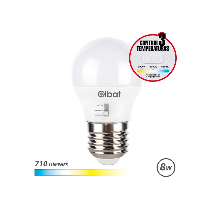 Ampoule LED Elbat G45 - 8 W - 710 lm - Culot E27 - Sélecteur de lumière - Blanc chaud 3000 K, Blanc froid 4000 K et Blanc froid