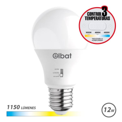 Ampoule LED Elbat A60 - 12 W - 1150 lm - Culot E27 - Sélecteur de lumière - Blanc chaud 3000 K, Blanc froid 4000 K et Blanc froi