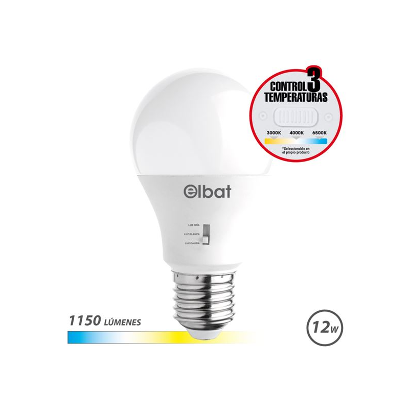 Ampoule LED Elbat A60 - 12 W - 1150 lm - Culot E27 - Sélecteur de lumière - Blanc chaud 3000 K, Blanc froid 4000 K et Blanc froi