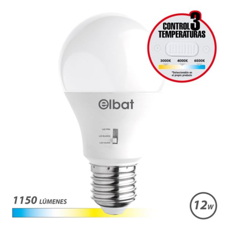 Ampoule LED Elbat A60 - 12 W - 1150 lm - Culot E27 - Sélecteur de lumière - Blanc chaud 3000 K, Blanc froid 4000 K et Blanc froi